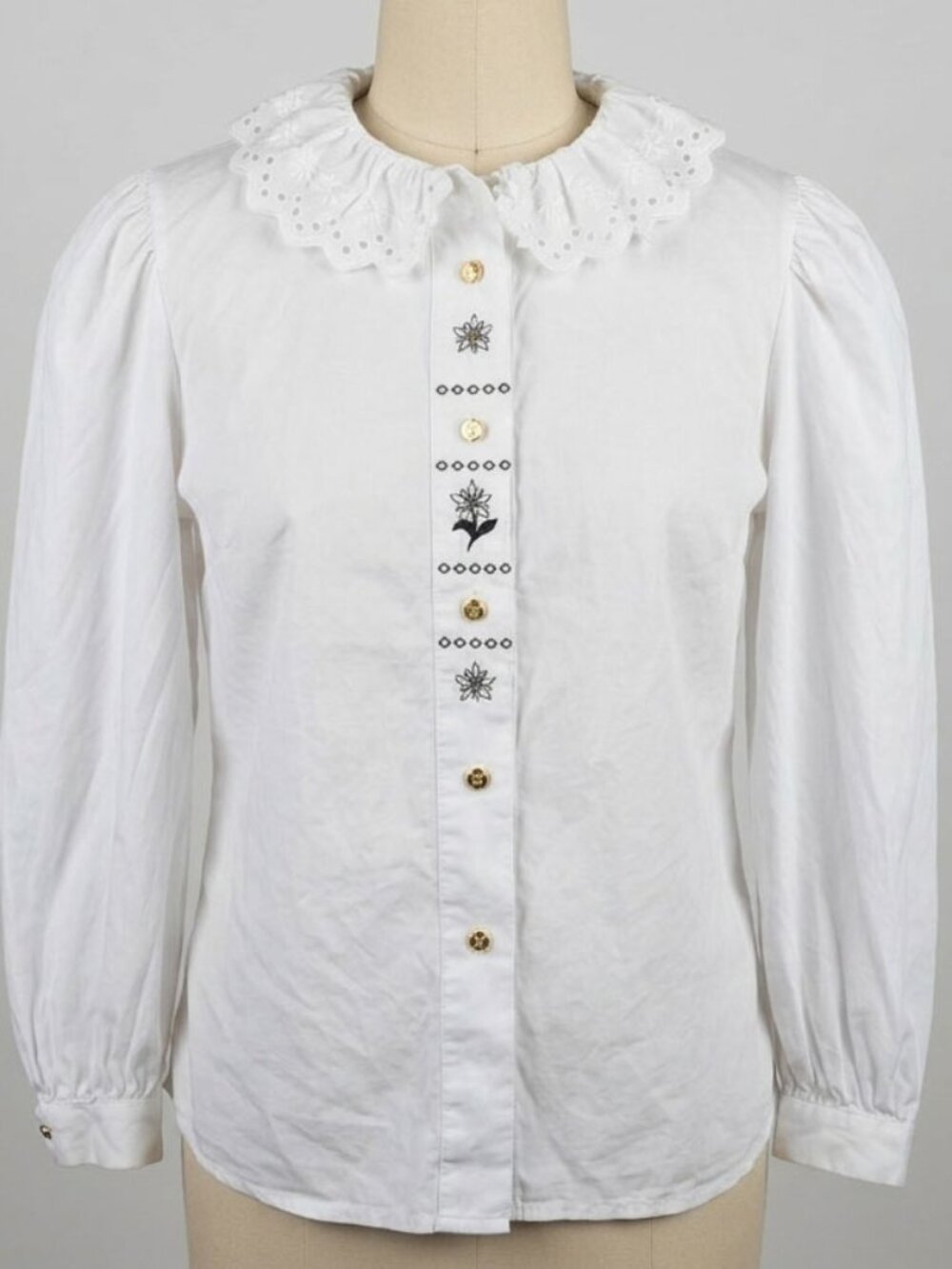 Vintage Alphorn Trachtenmode Embroidered Eyelet Ruffle Blouse White Size 42